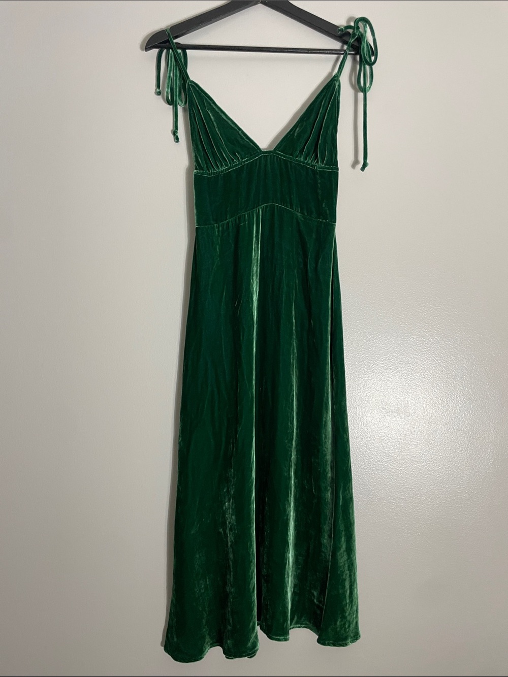 Reformation Emerald Green Velvet Midi Dress with Tie Straps